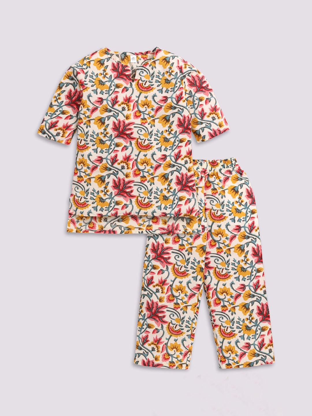 Clt.s Girls Floral Printed Pure Cotton Top With Trousers, Beige