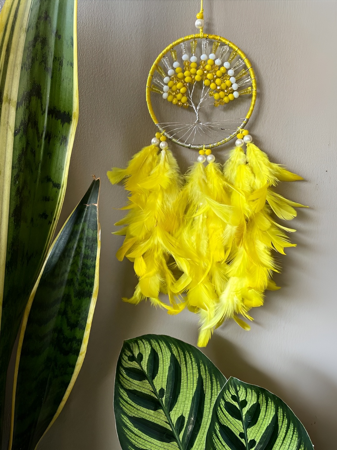 

UVID ART AND CRAFT SUPPLIES Yellow & White Feathers Hanging Dream Catcher