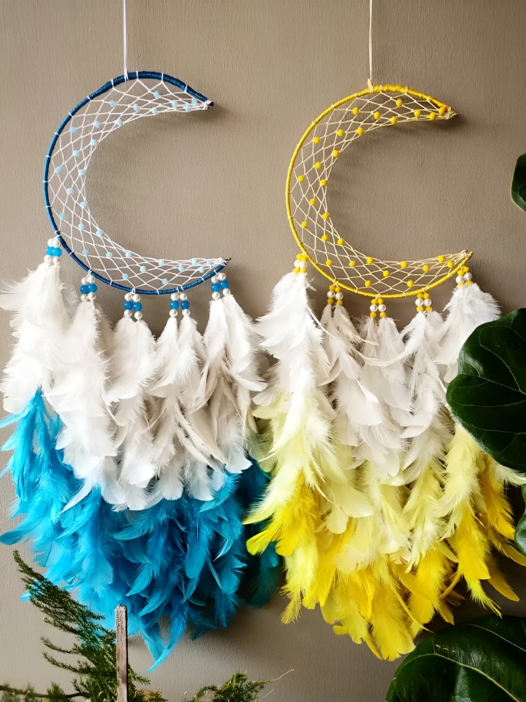 

UVID ART AND CRAFT SUPPLIES Yellow & White 2 Pieces Hanging Dream Catcher Windchimes