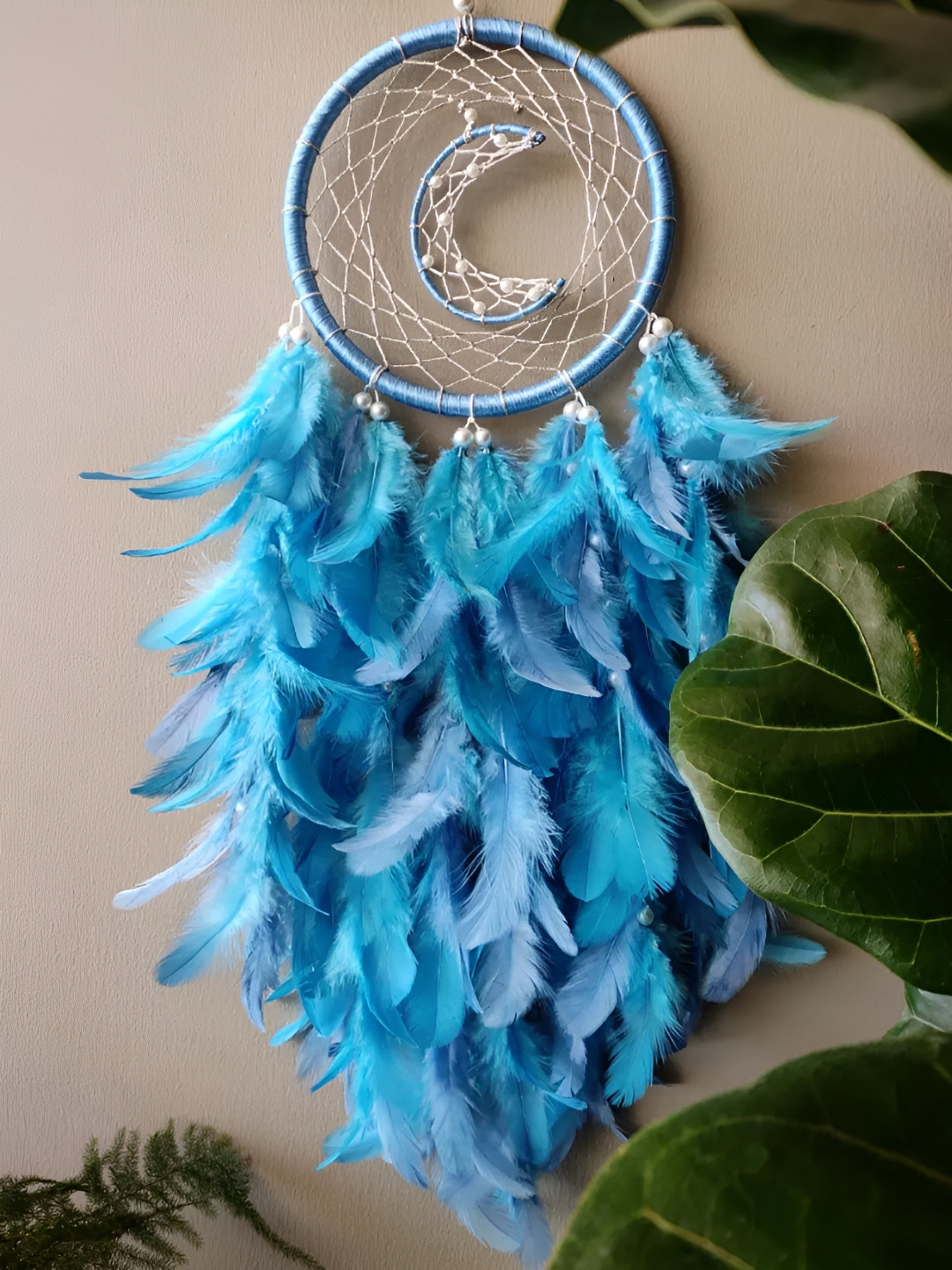 

UVID ART AND CRAFT SUPPLIES Blue Beaded Feather Hanging Dream Catcher