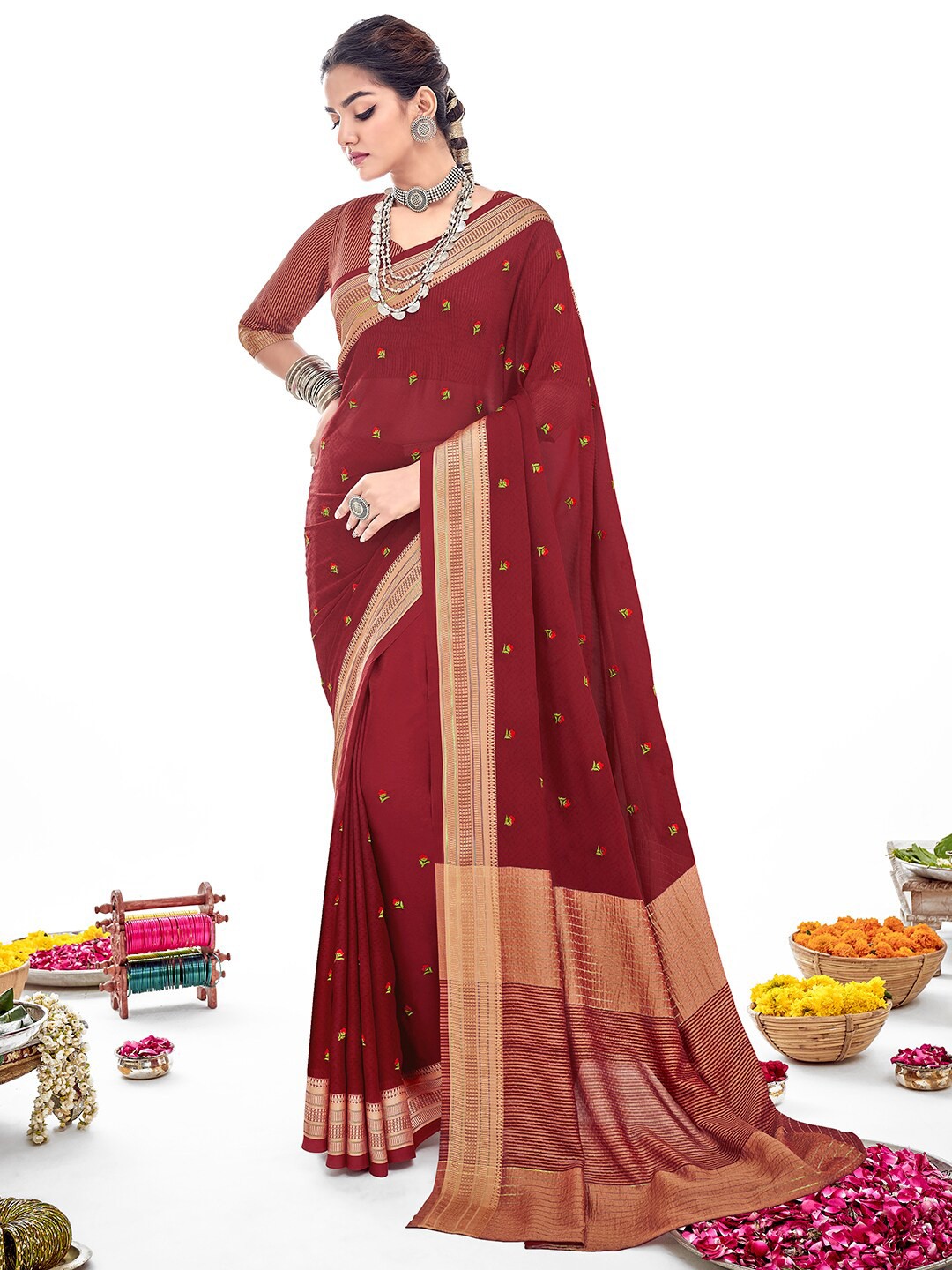 

SANSKAR Ethnic Motifs Embroidered Jacquard Saree, Red
