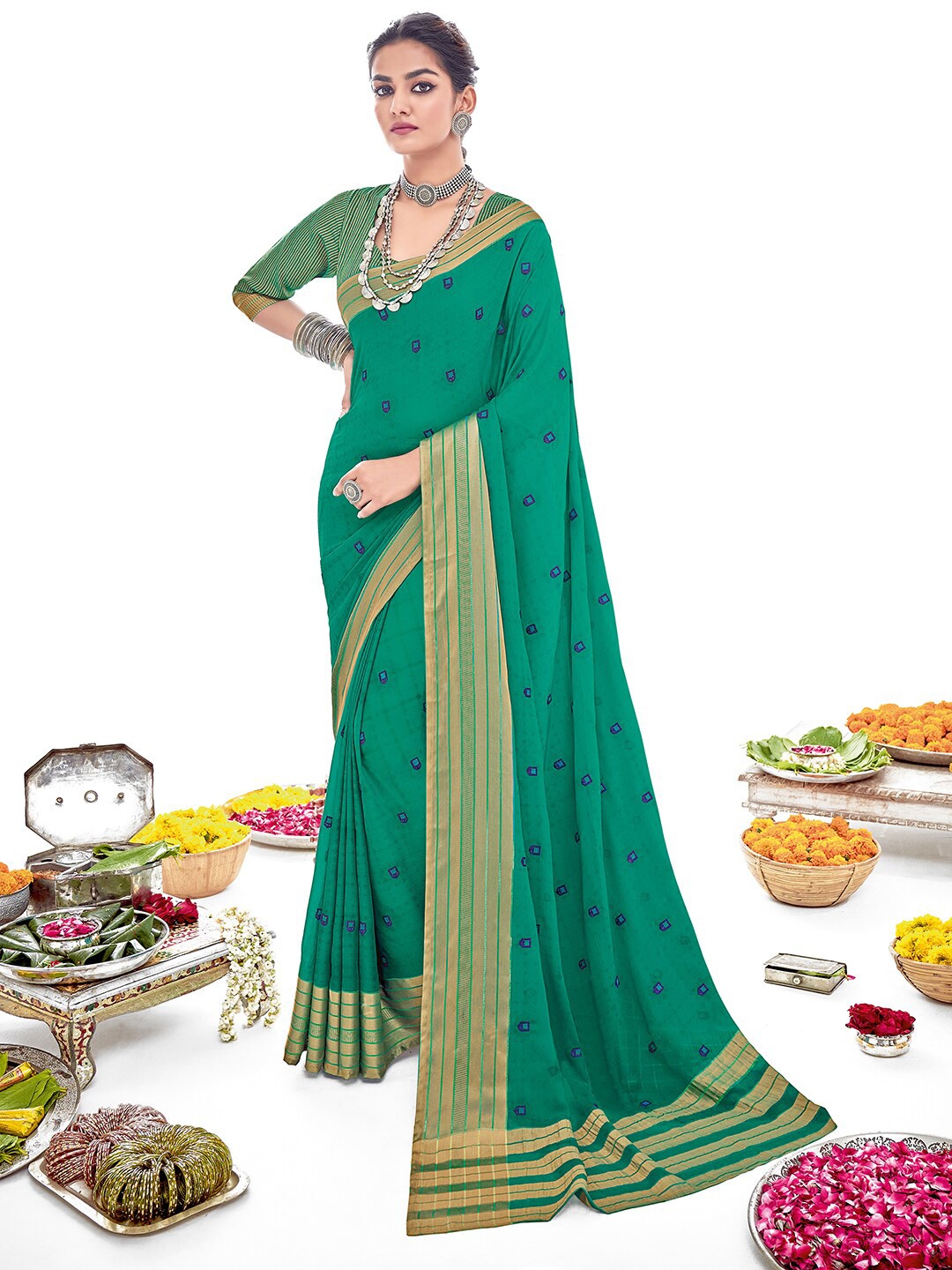

SANSKAR Ethnic Motifs Embroidered Jacquard Saree, Green