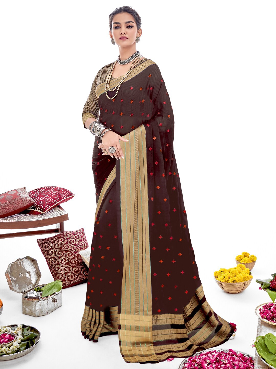 

SANSKAR Ethnic Motif Embroidered Saree, Brown