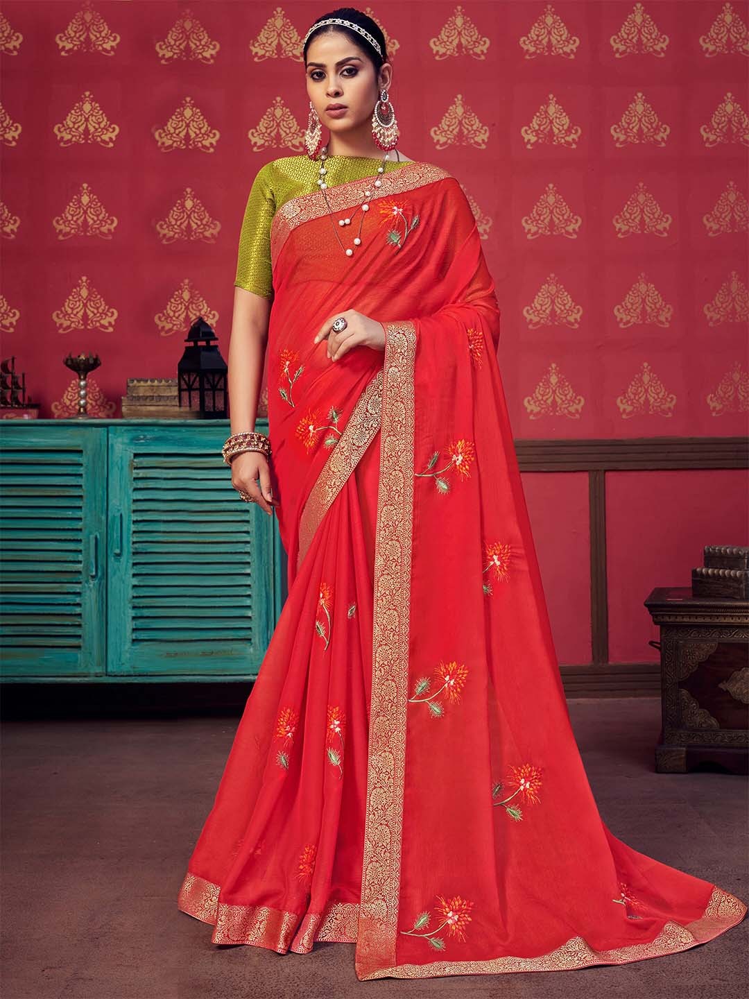 

SANSKAR Ethnic Motifs Embroidered Zari Detailed Pure Chiffon Saree, Red