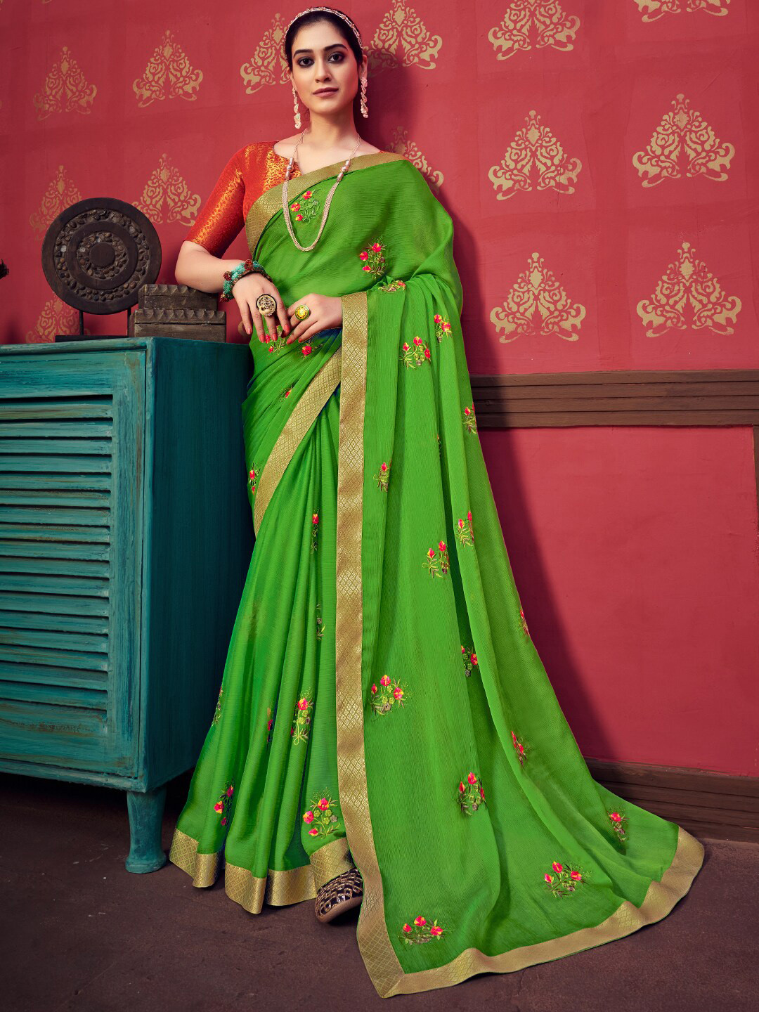 

SANSKAR Ethnic Motifs Embroidered Zari Detailed Pure Chiffon Saree, Green