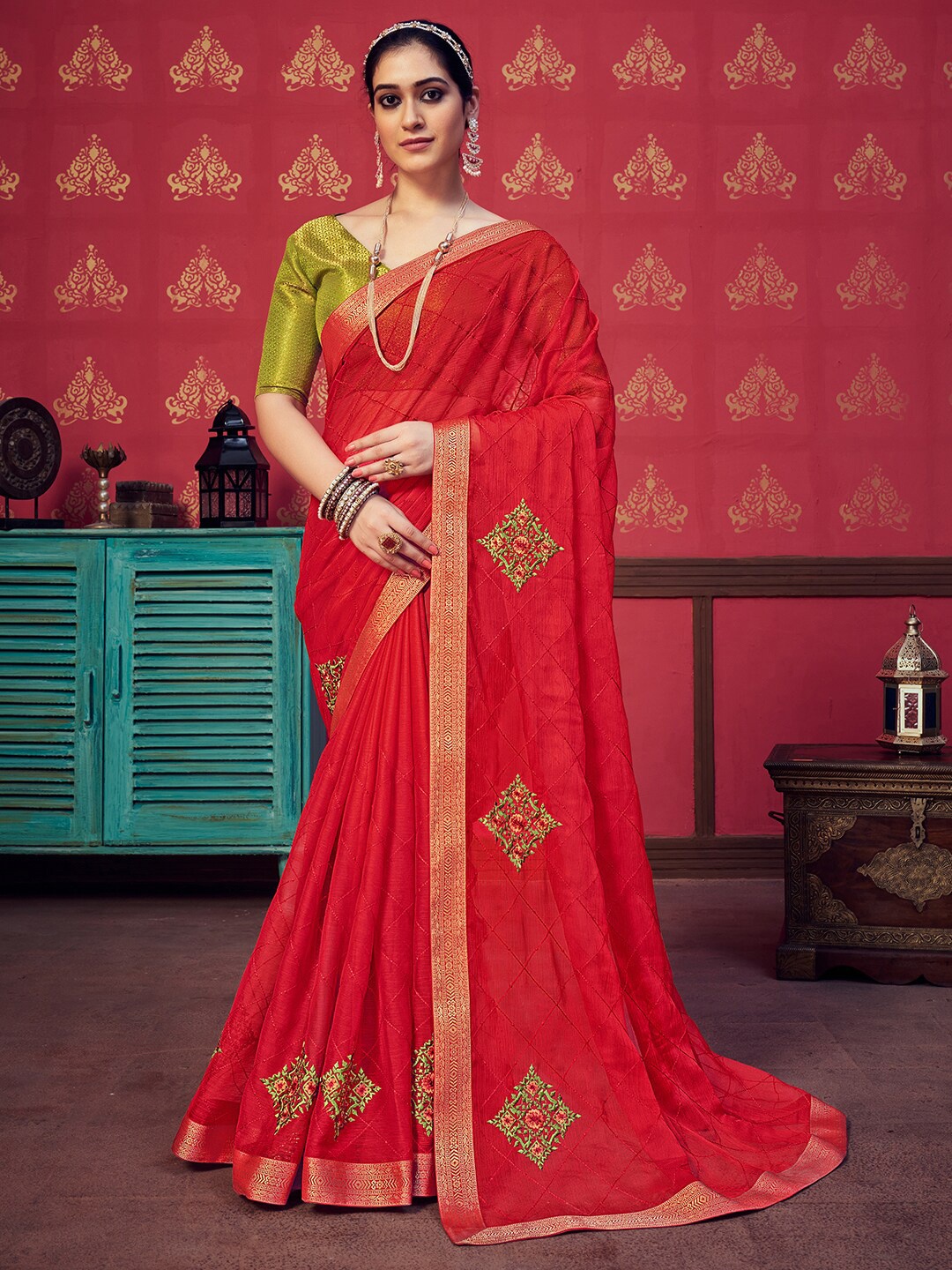 

SANSKAR Ethnic Motif Embroidered Saree, Red