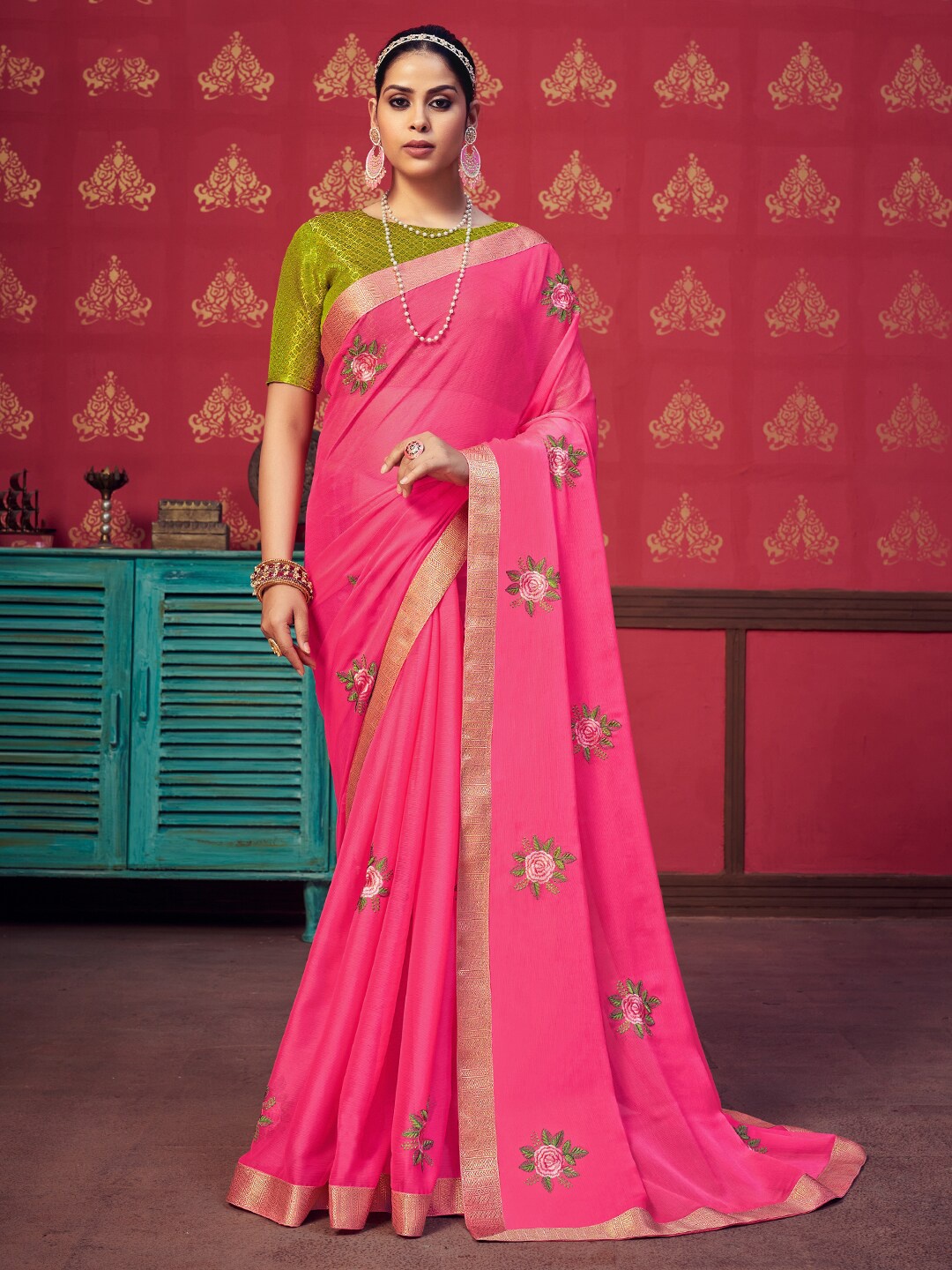 

SANSKAR Floral Embroidered Pure Chiffon Saree, Pink