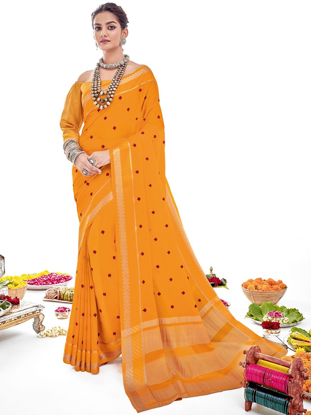 

SANSKAR Ethnic Motifs Embroidered Jacquard Saree, Yellow