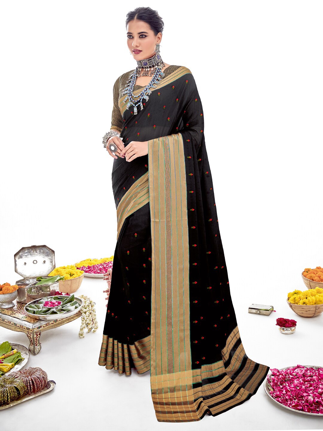 

SANSKAR Floral Embroidered Silk Blend Saree, Black