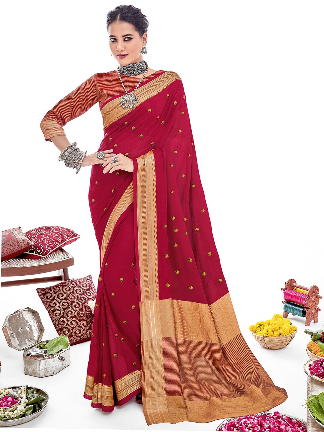 

SANSKAR Ethnic Motifs Embroidered Jacquard Saree, Red