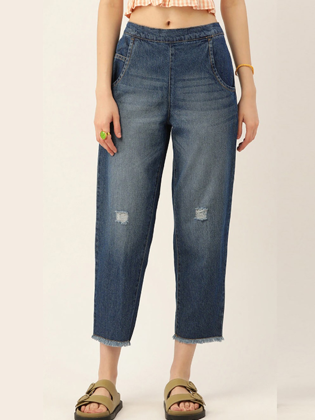 

Chemistry Women Relaxed Fit Low Distress Pure Cotton Cropped Jeans, Blue