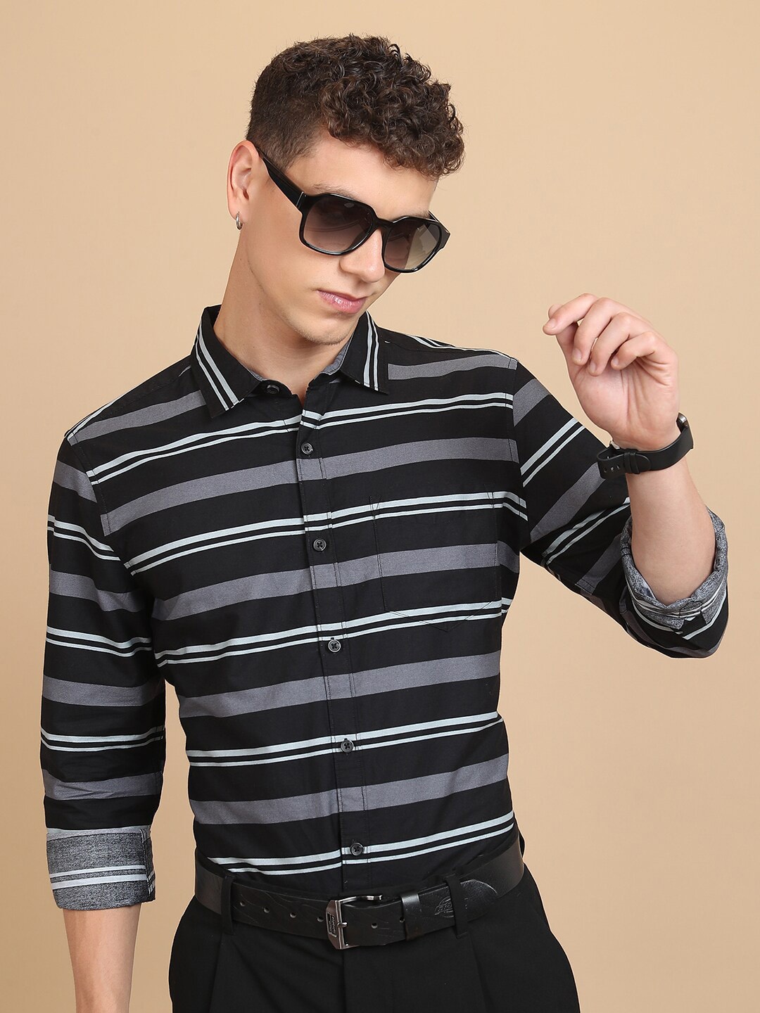 

KETCH Slim Fit Horizontal Stripes Cotton Casual Shirt, Black