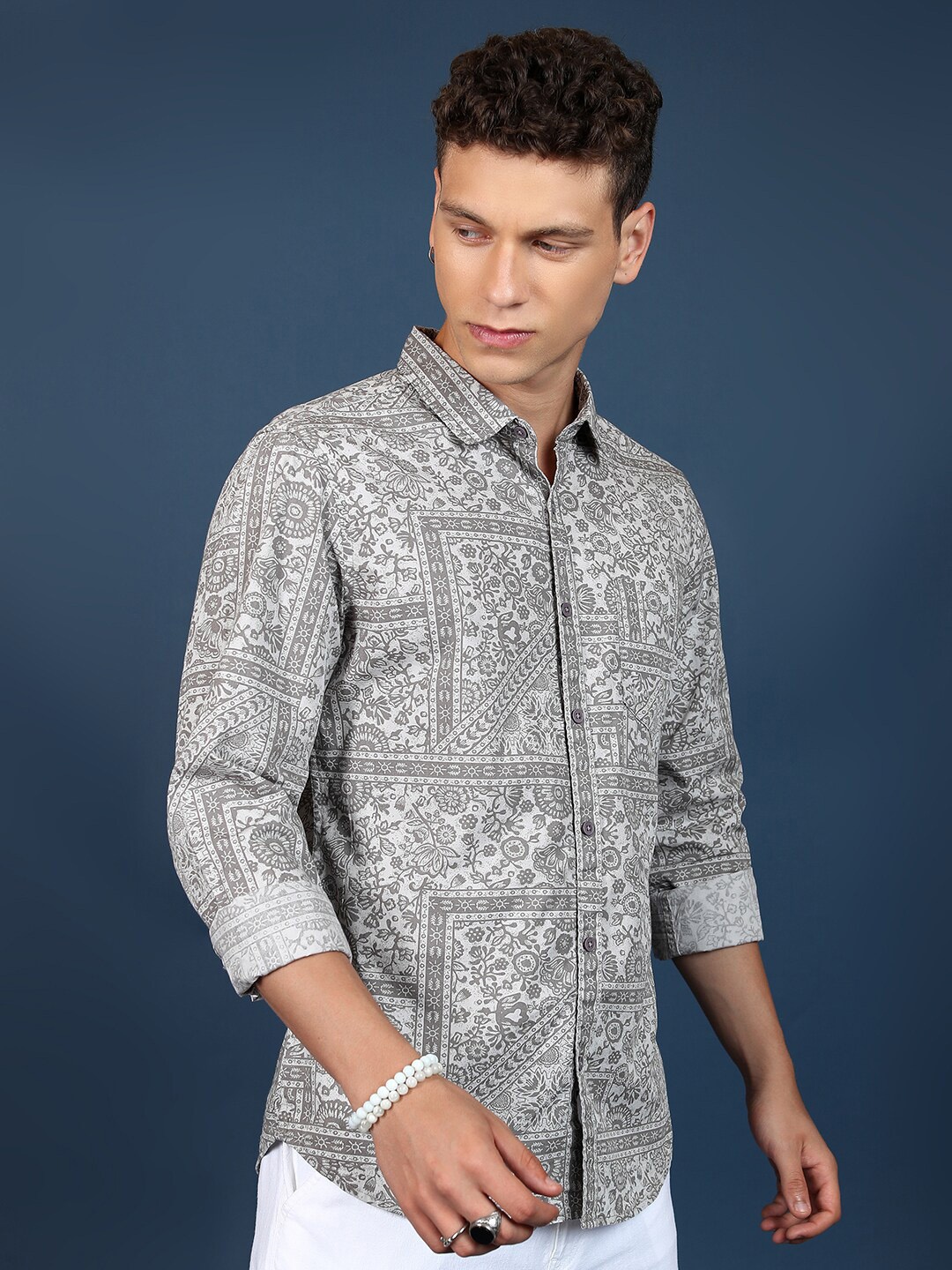 

KETCH Slim Fit Ethnic Motif Printed Cutaway Collar Cotton Casual Shirt, Grey