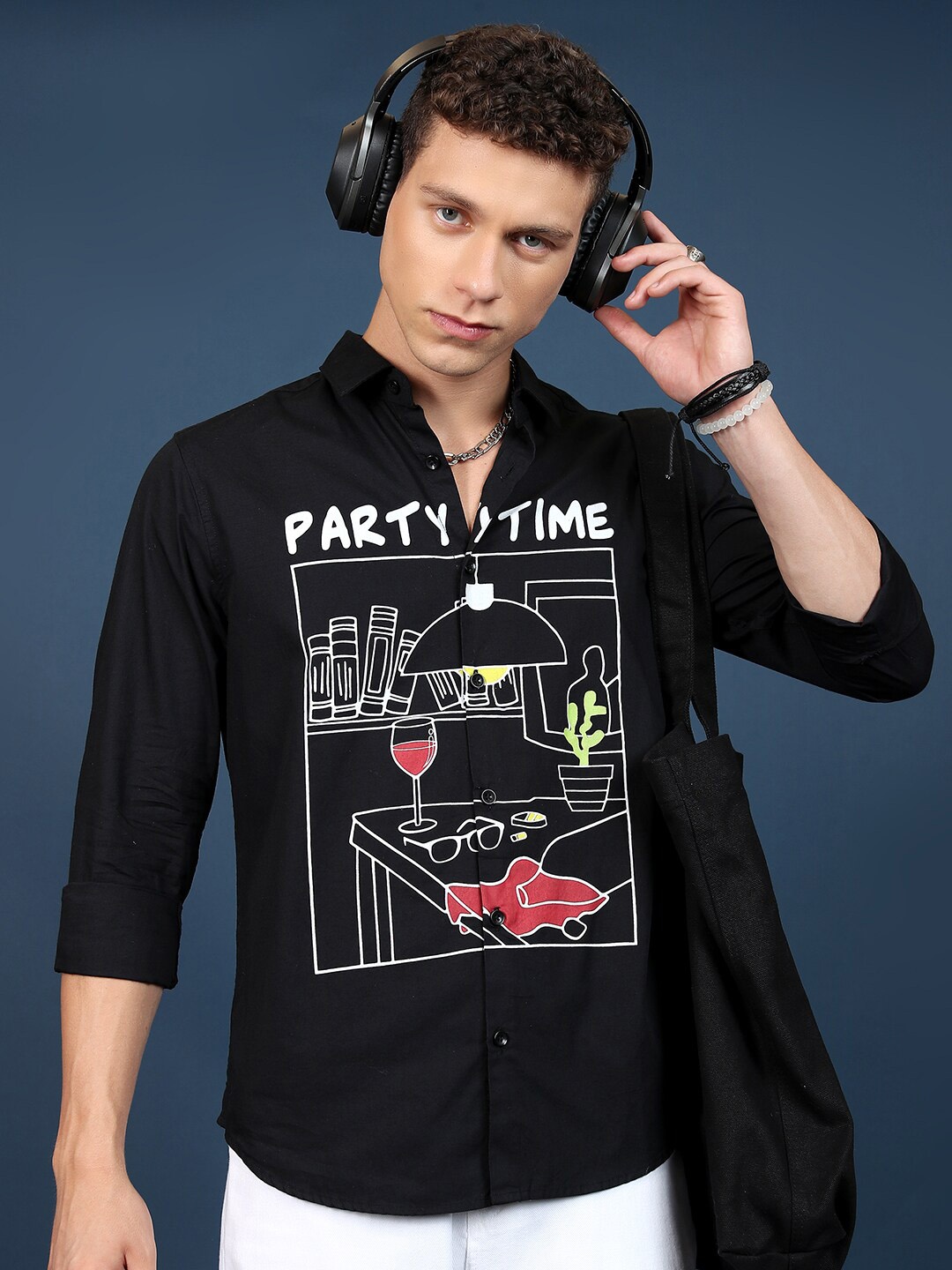 

KETCH Spread Collar Slim Fit Graphic Printed Casual Cotton Shirt, Black