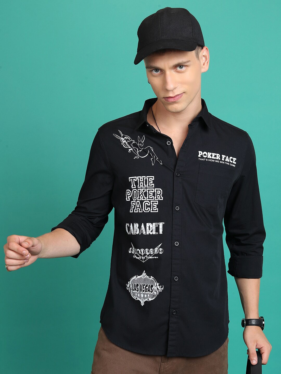 

KETCH Spread Collar Slim Fit Typography Printed Casual Cotton Shirt, Black