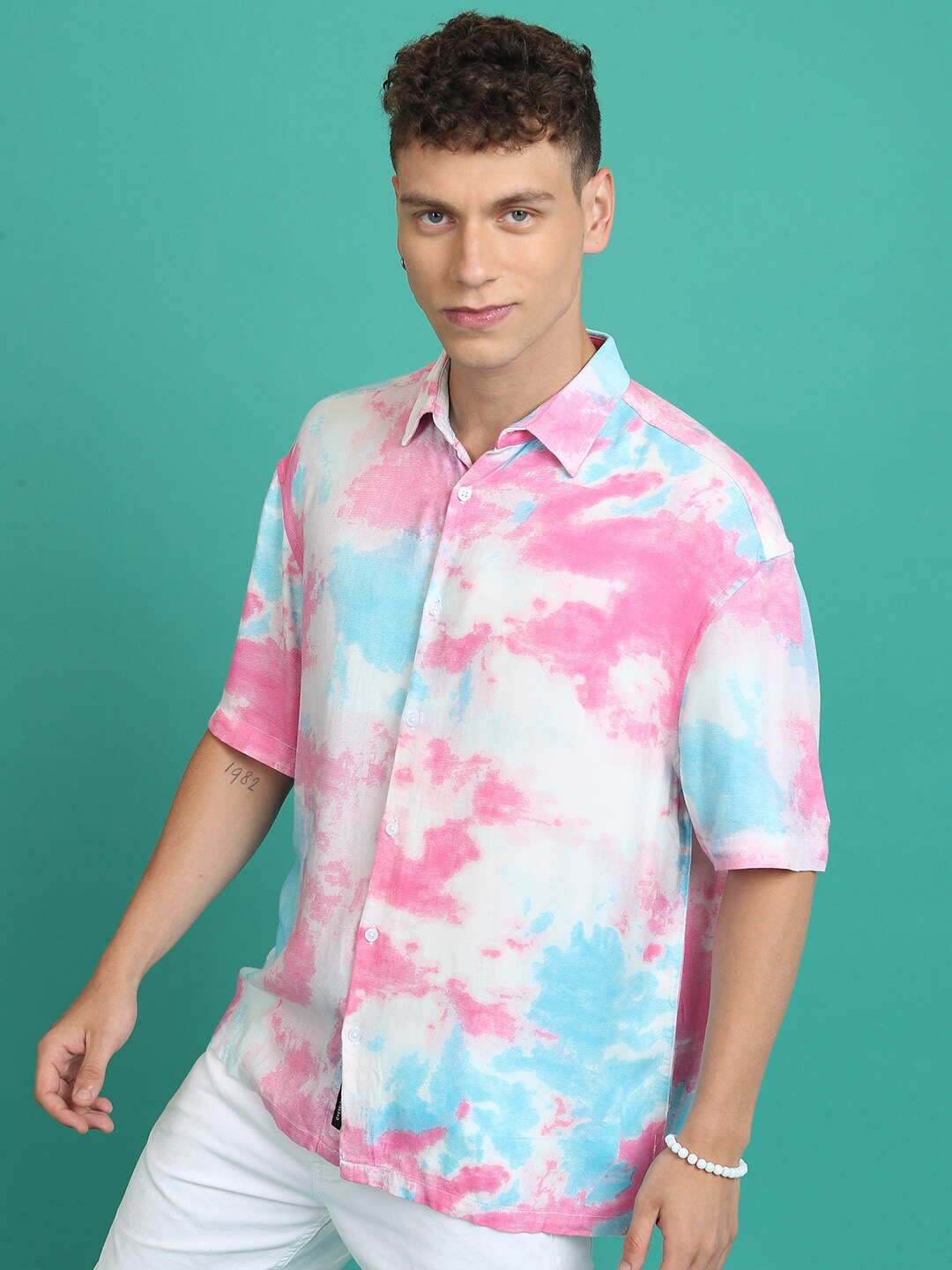 

KETCH Slim Fit Tie & Dye Printed Cutaway Collar Casual Shirt, White