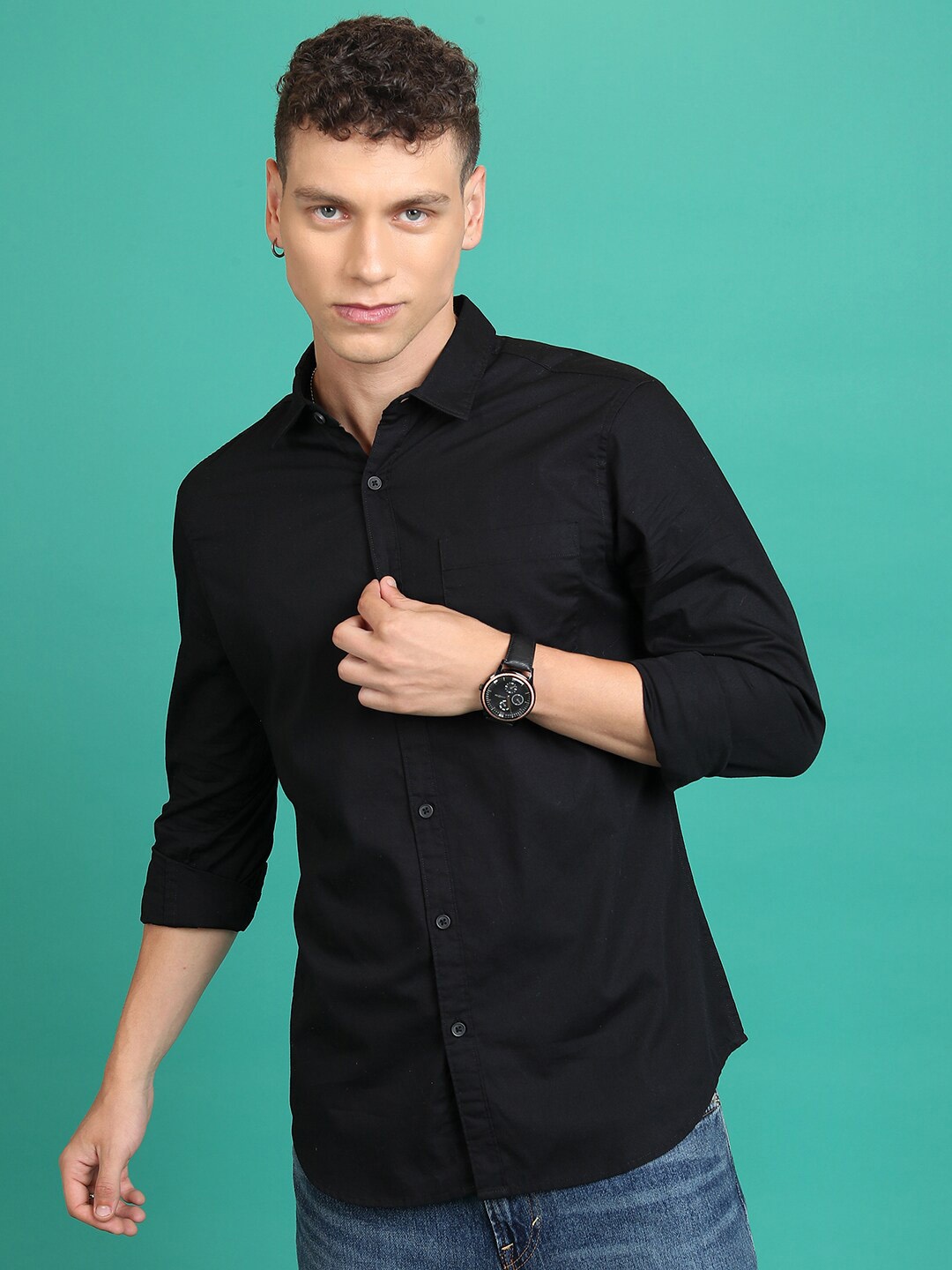 

KETCH Spread Collar Slim Fit Casual Cotton Shirt, Black