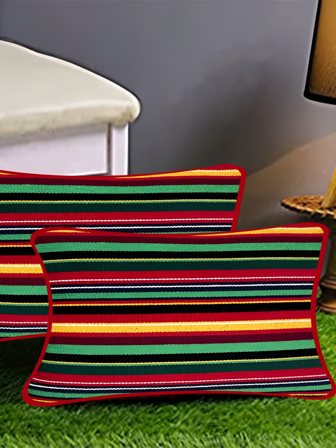 

SAJAVAT Red & Green 2 Pieces Striped Pure Cotton Rectangle Pillow Covers