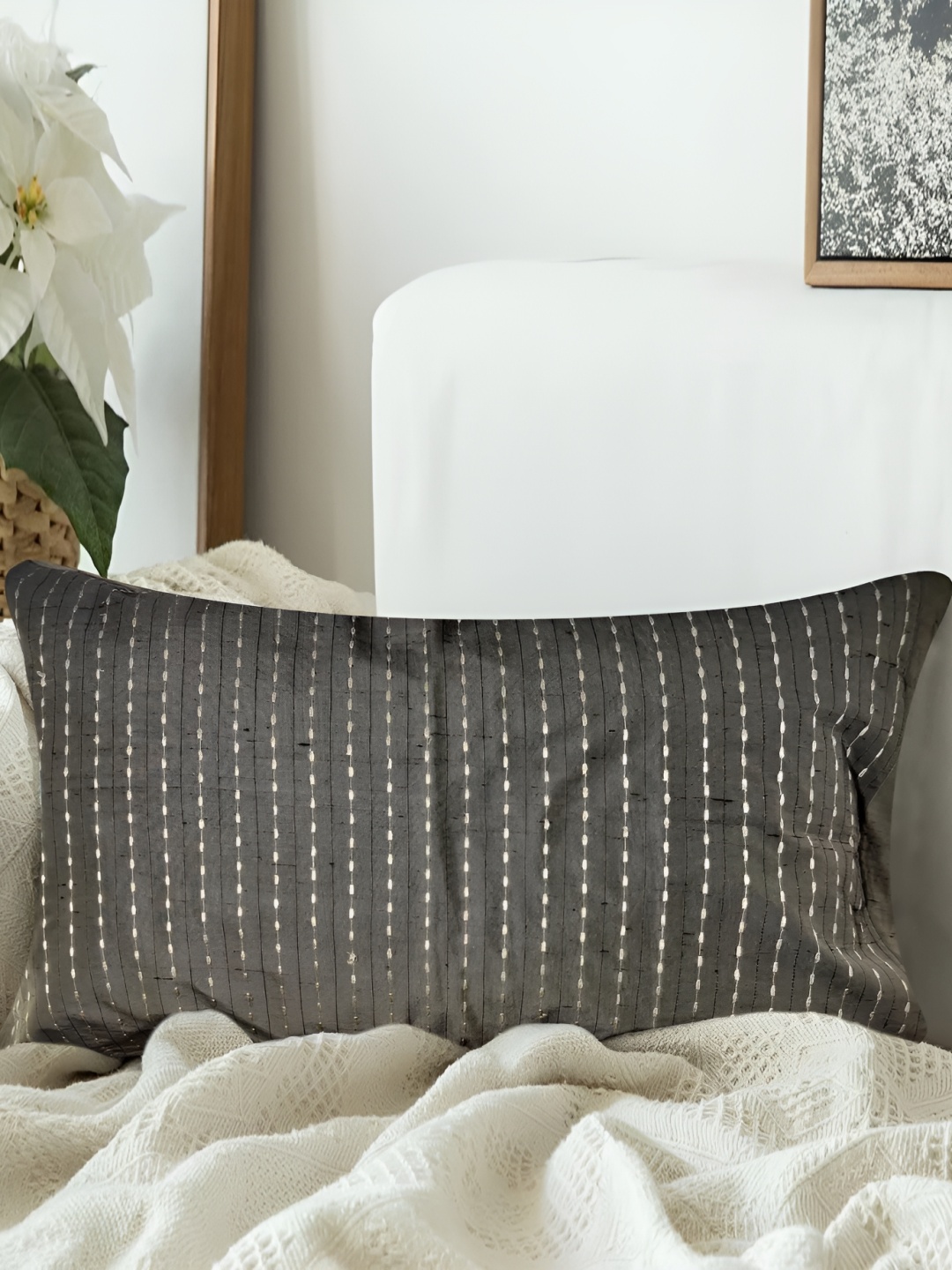 

SAJAVAT Grey Embroidered Pure Cotton Rectangle Pillow Cover
