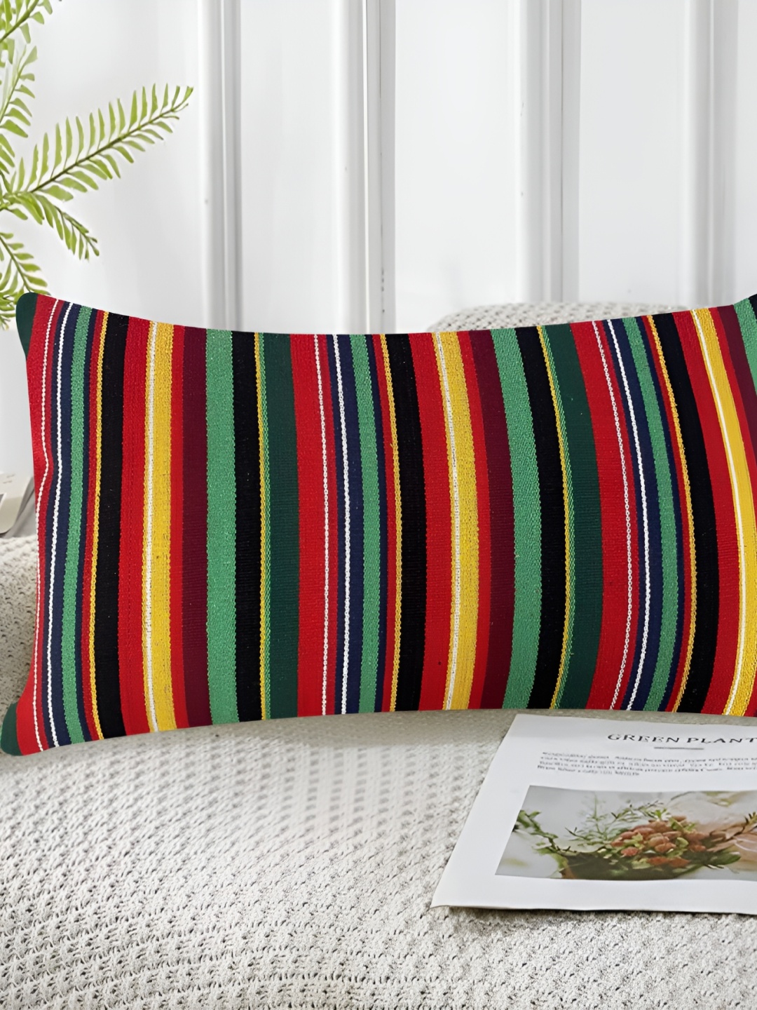 

SAJAVAT Red & Green Striped Pure Cotton Rectangle Pillow Cover