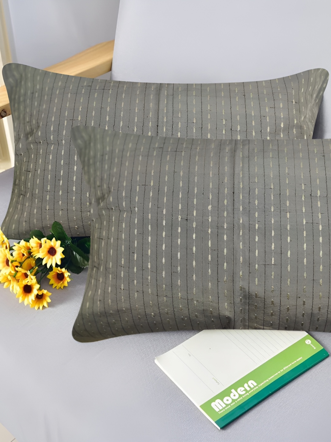 

SAJAVAT Grey 2 Pieces Cotton Rectangle Pillow Covers