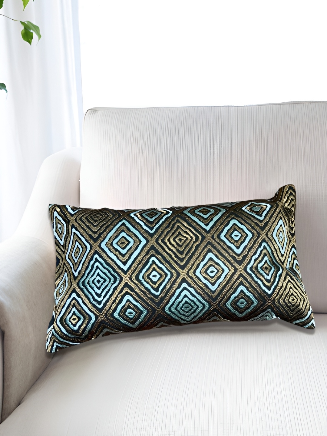 

SAJAVAT Copper Toned & Blue Embroidered Cotton Rectangle Pillow Cover