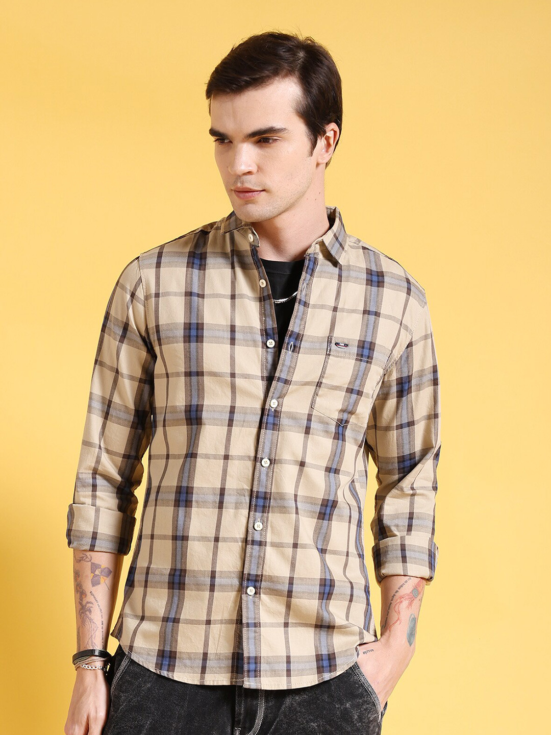 

The Indian Garage Co Slim Fit Checked Twill Weave Pure Cotton Casual Shirt, Beige