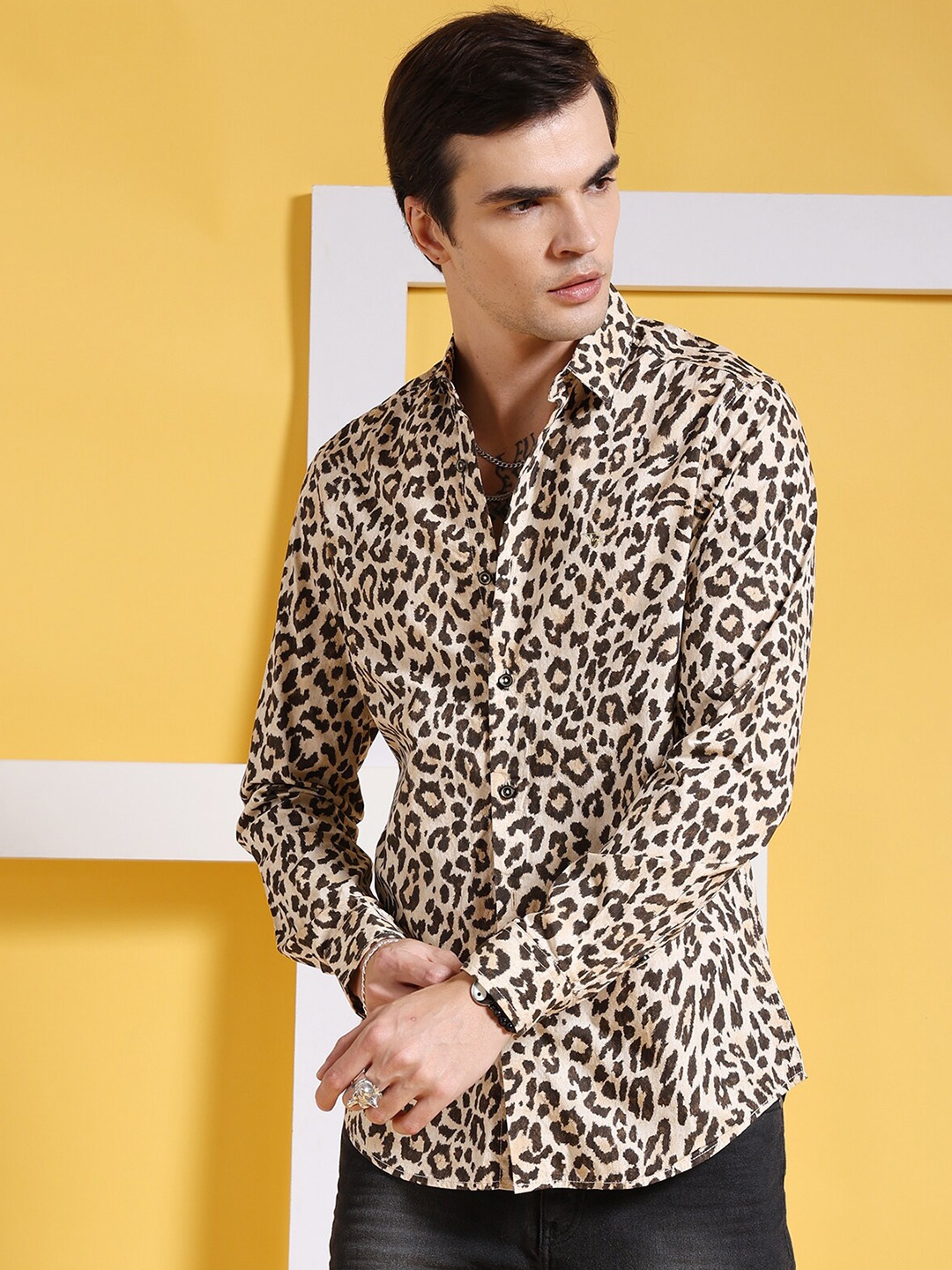 

The Indian Garage Co Slim Fit Animal Printed Pure Cotton Casual Shirt, Brown