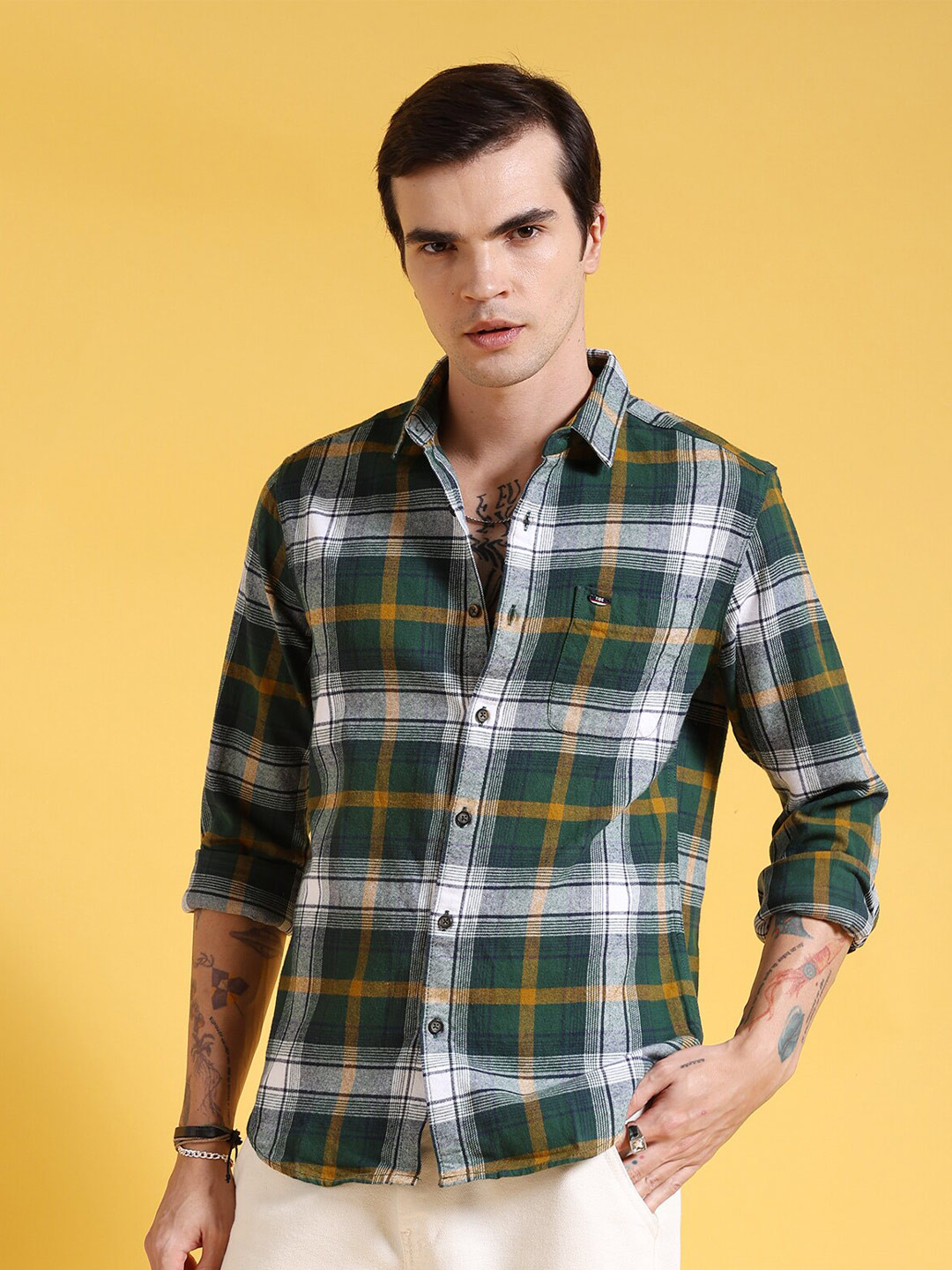 

The Indian Garage Co Slim Fit Tartan Checks Pure Cotton Casual Shirt, Green