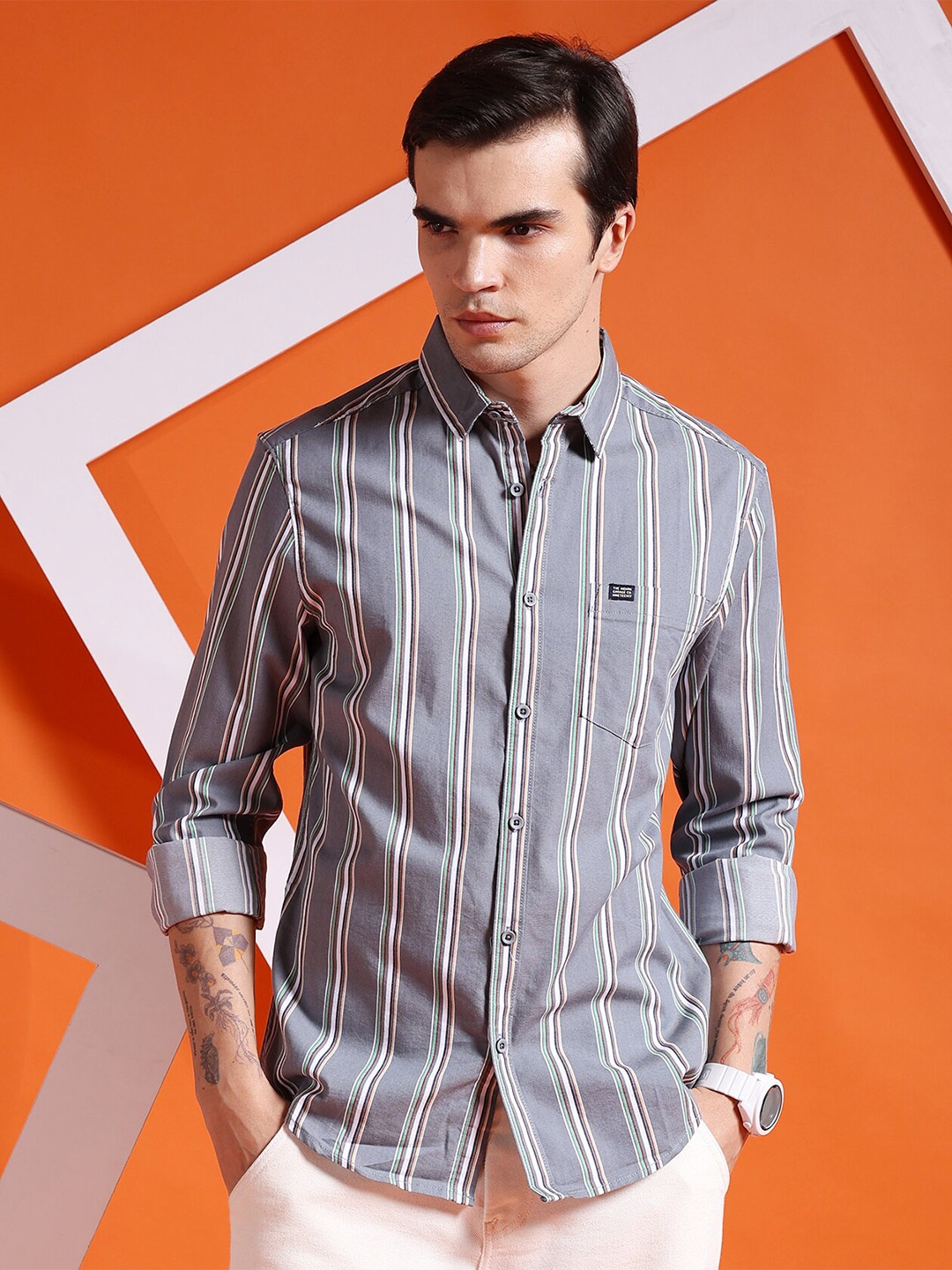 

The Indian Garage Co Slim Fit Vertical Striped Casual Pure Cotton Shirt, Grey