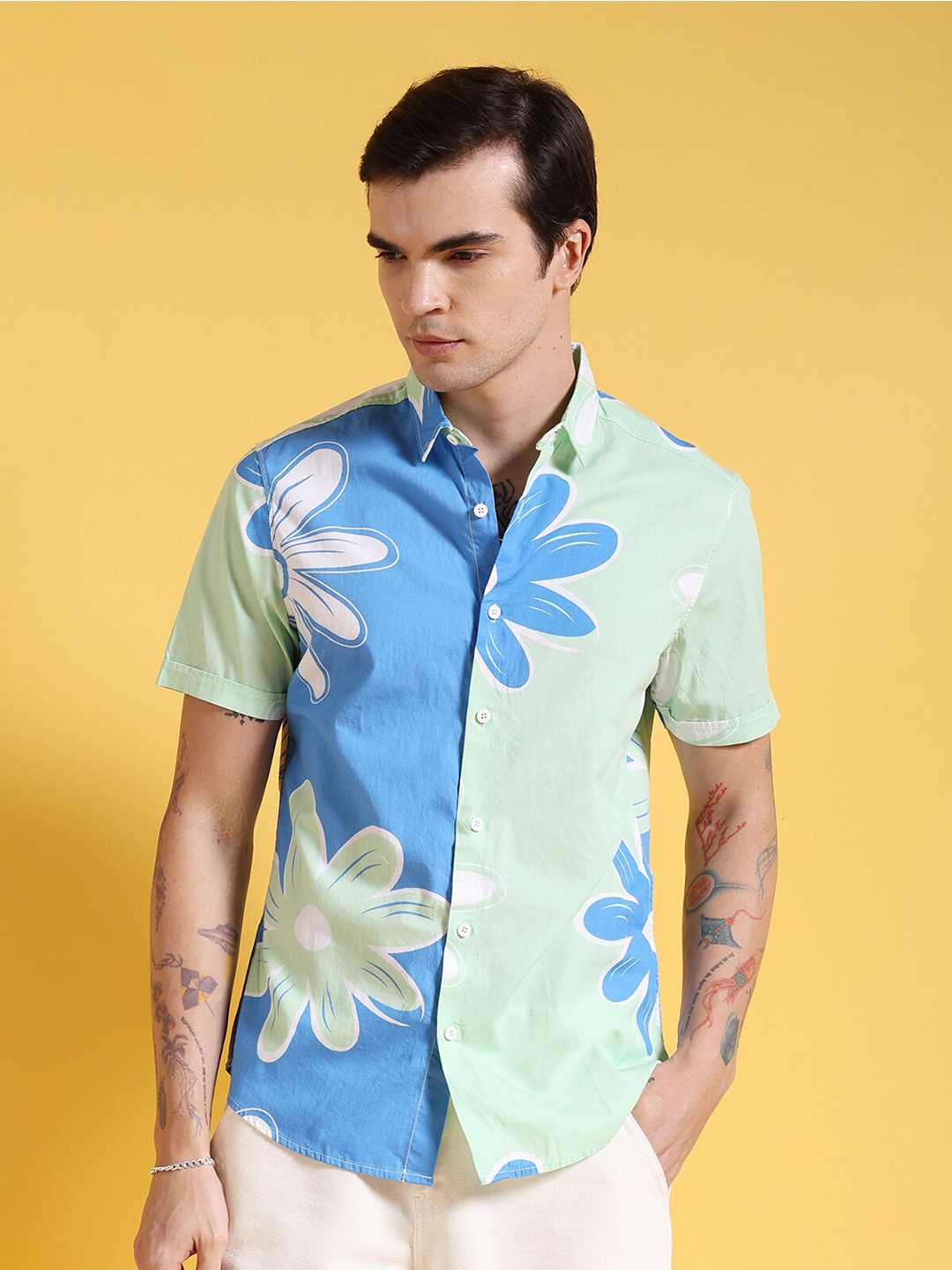 

The Indian Garage Co Slim Fit Floral Printed Casual Pure Cotton Shirt, Blue
