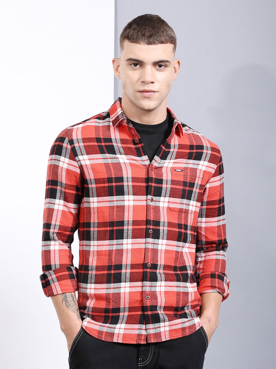 

The Indian Garage Co Slim Fit Tartan Checked Casual Pure Cotton Shirt, Black