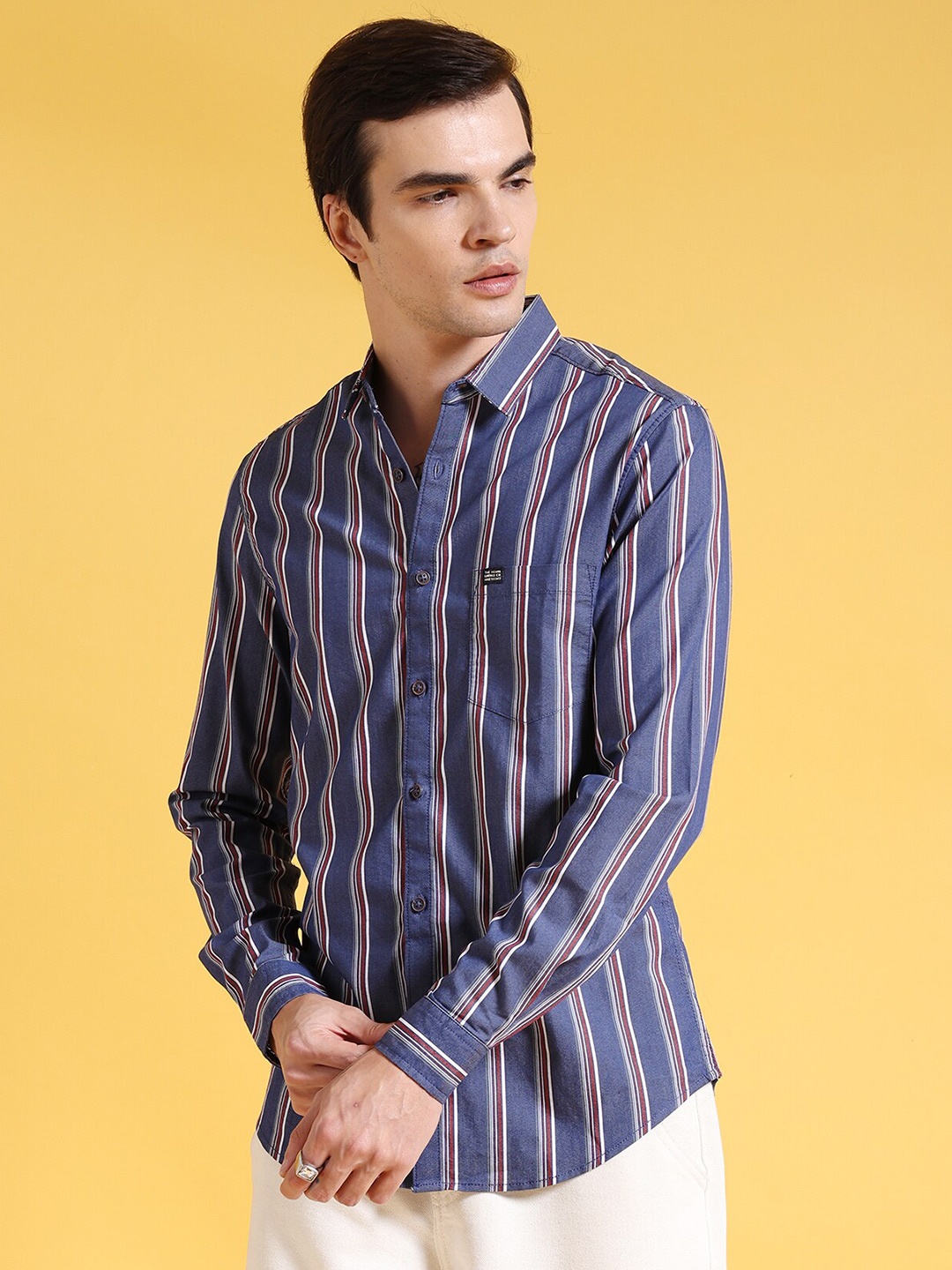 

The Indian Garage Co Striped Twill Slim Fit Cotton Casual Shirt, Navy blue