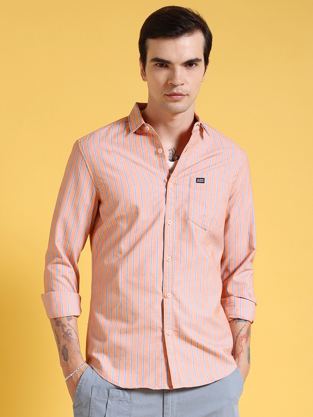 

The Indian Garage Co Slim Fit Vertical Striped Oxford Weave Pure Cotton Casual Shirt, Orange