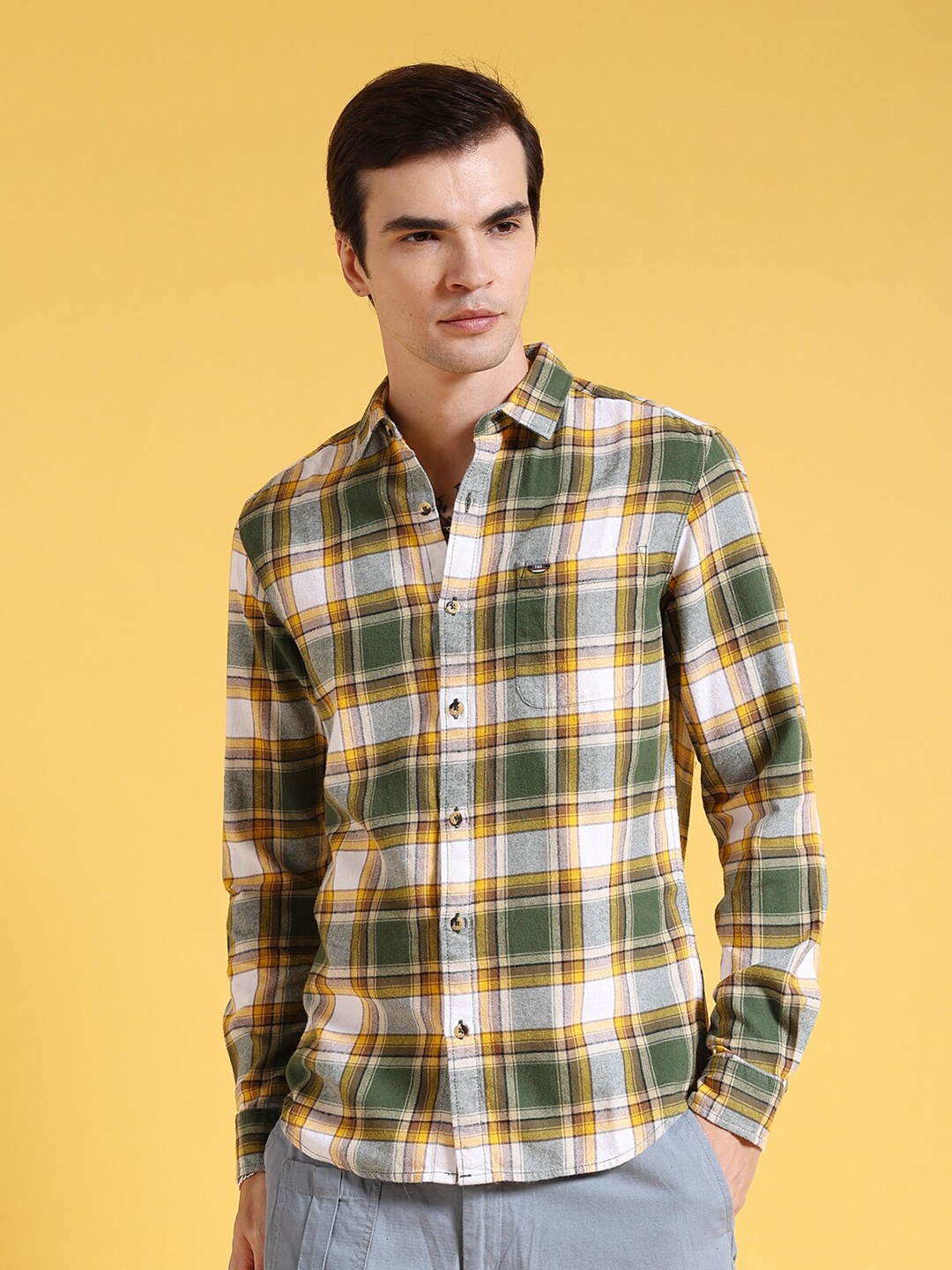 

The Indian Garage Co Slim Fit Tartan Checked Pure Cotton Casual Shirt, Green