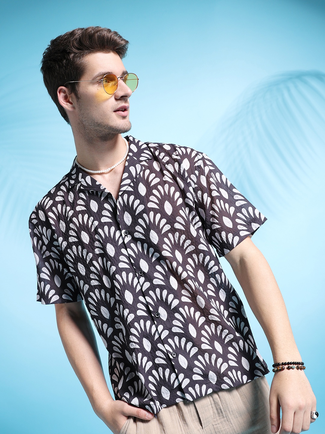 

The Indian Garage Co Men Relaxed Fit Art Deco Print Textured Resortwear Shirt, Black