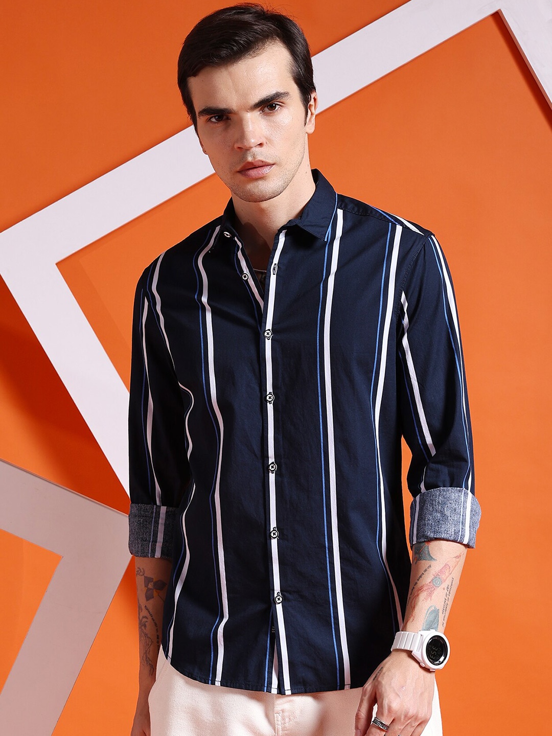 

The Indian Garage Co Slim Fit Vertical Striped Casual Pure Cotton Shirt, Navy blue