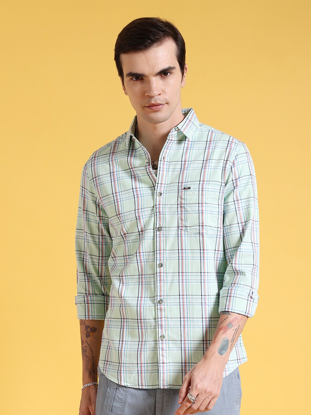 

The Indian Garage Co Slim Fit Tartan Checks Twill Pure Cotton Casual Shirt, Green