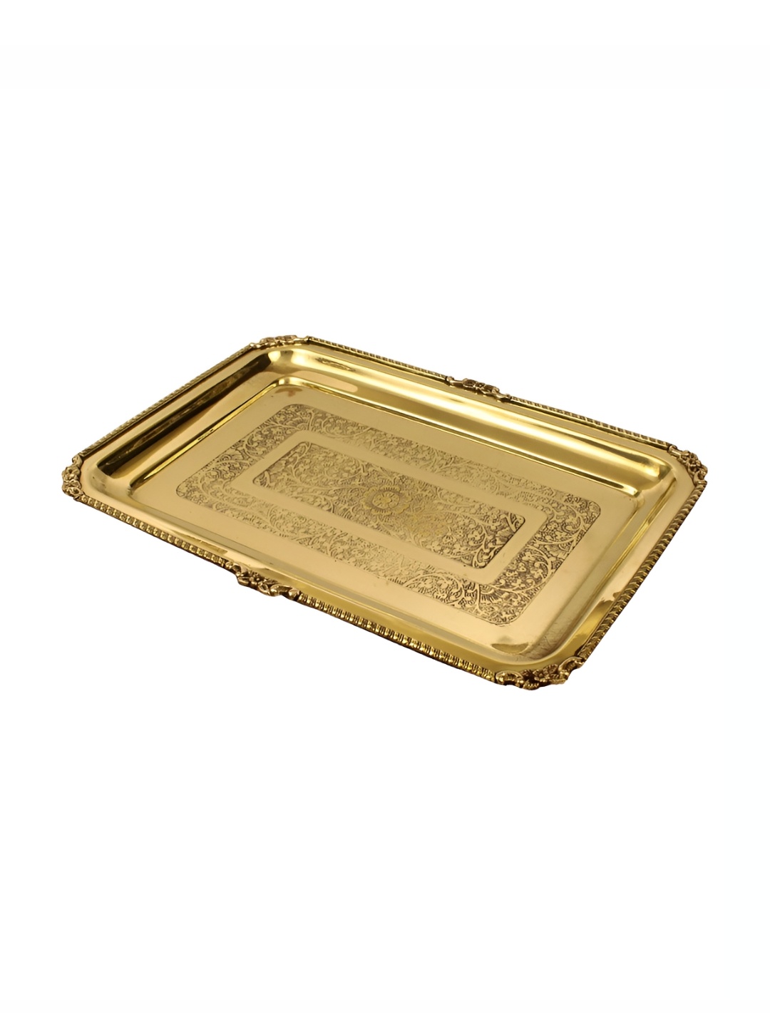 

Spillbox Gold-Toned Brass Embossed Floral Rectangular Tray Pooja Essential