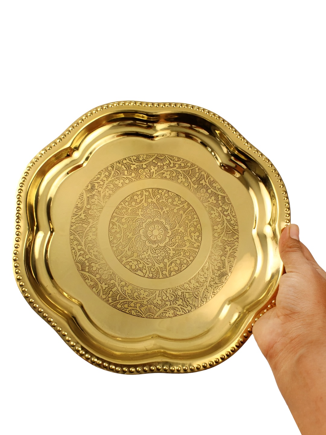 

Spillbox Gold-Toned Brass Engraved Zig Zag Thali Pooja Essential