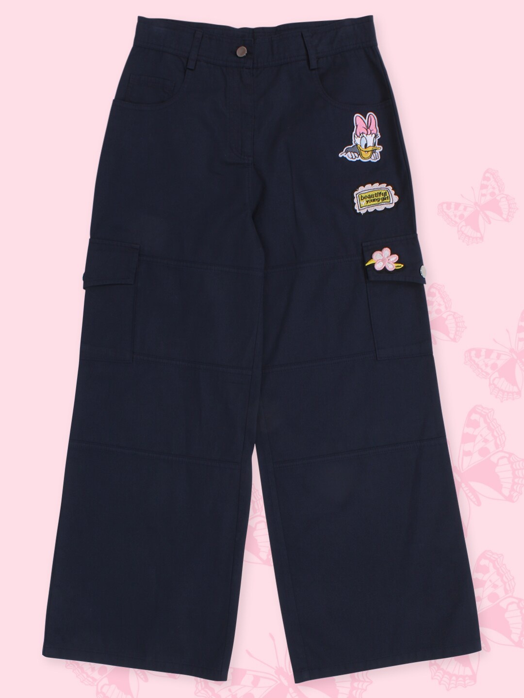 

CUTECUMBER Girls Daisy Duck Embroidered Mid-Rise Cargos, Navy blue