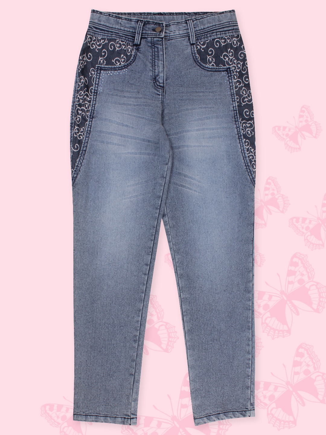 

CUTECUMBER Girls Embroidered Clean look Stretchable Jeans, Blue