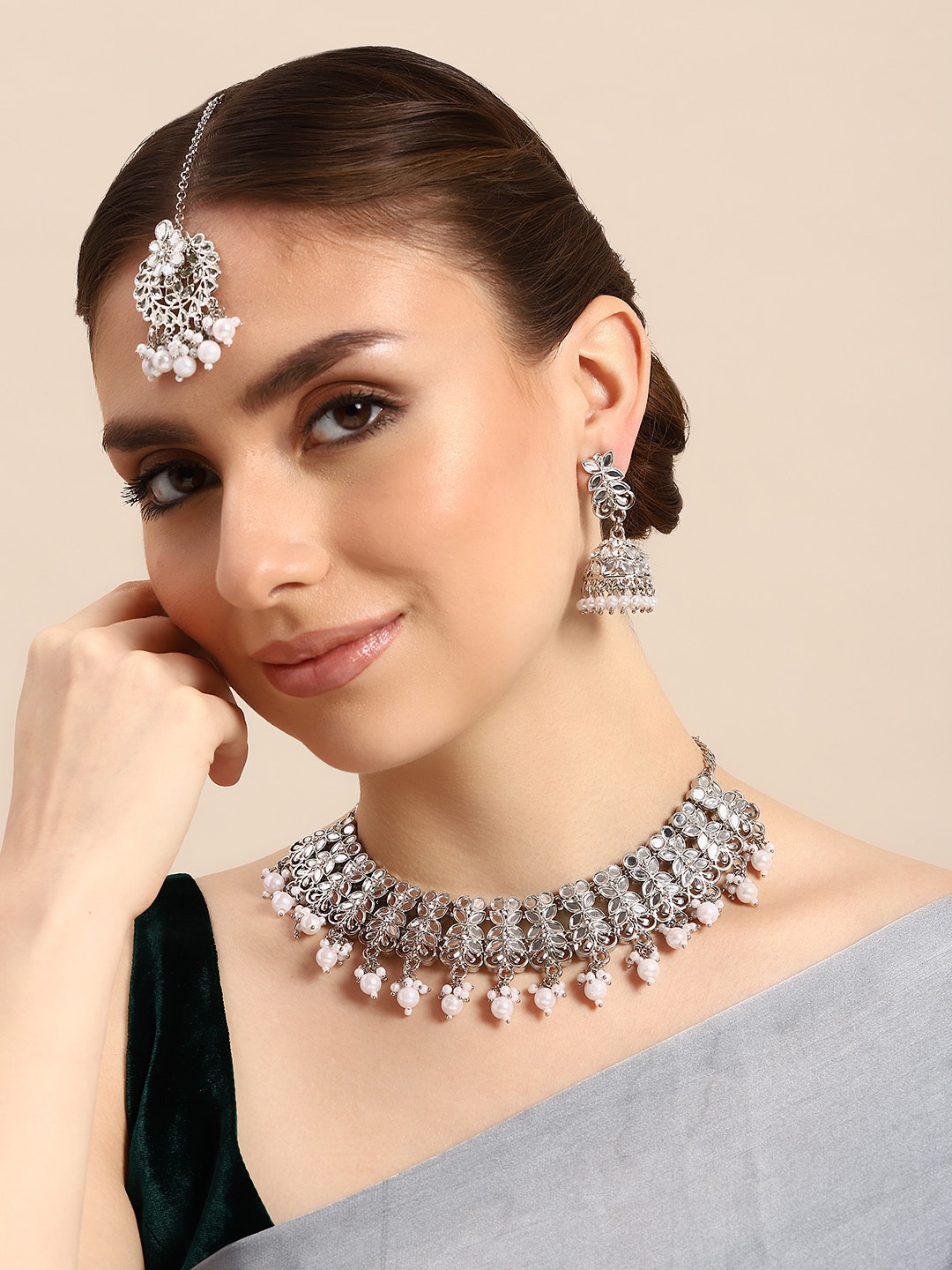 

House of Pataudi Rhodium-Plated Stones-Studded & Beaded Jewellery Set, Silver