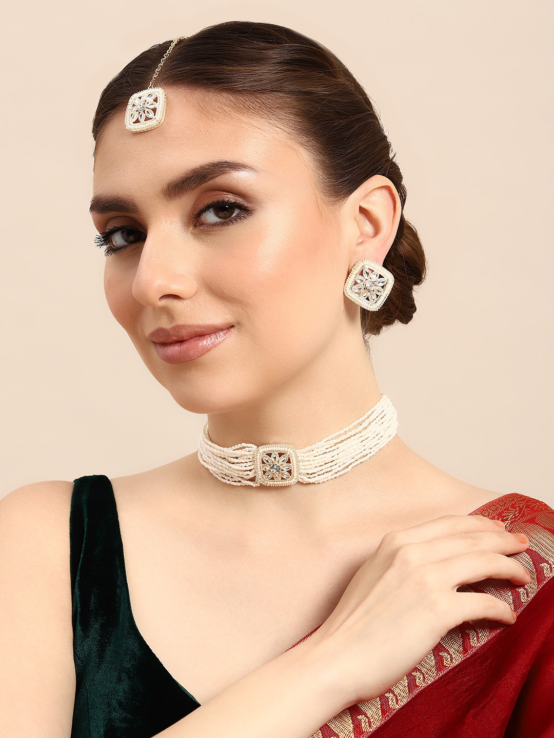 

House of Pataudi Gold-Plated Stones-Studded & Beaded Jewellery Set