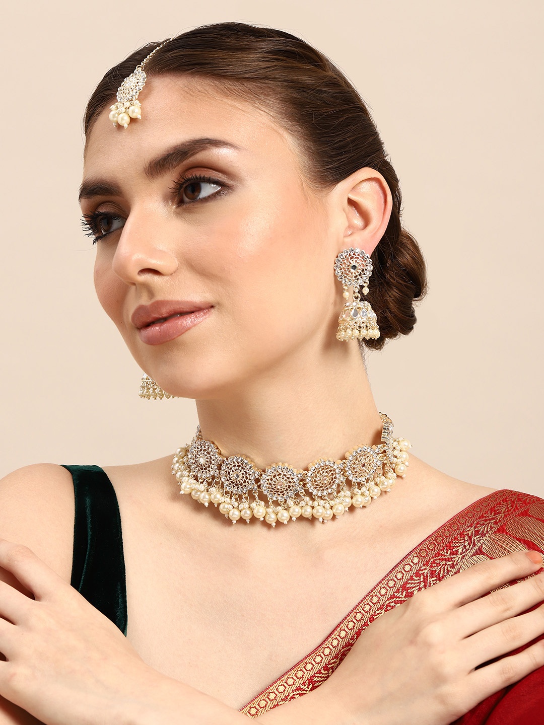 

House of Pataudi Gold-Plated Stones-Studded & Beaded Jewellery Set