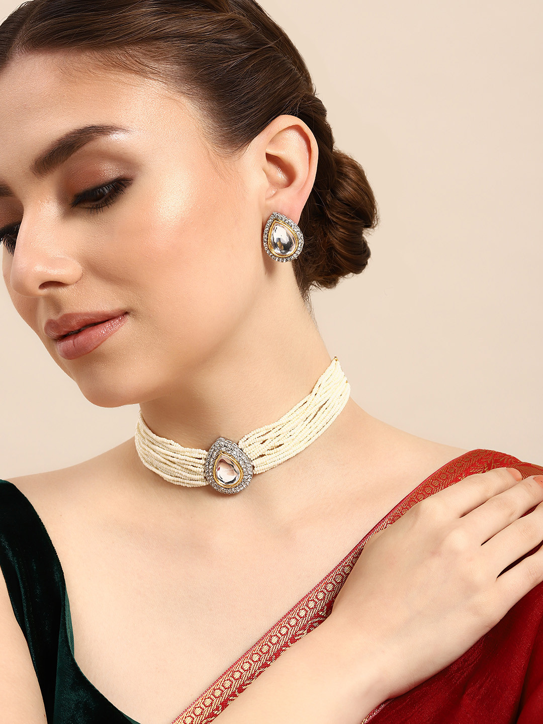 

House of Pataudi Gold-Plated Stones-Studded & Beaded Jewellery Set
