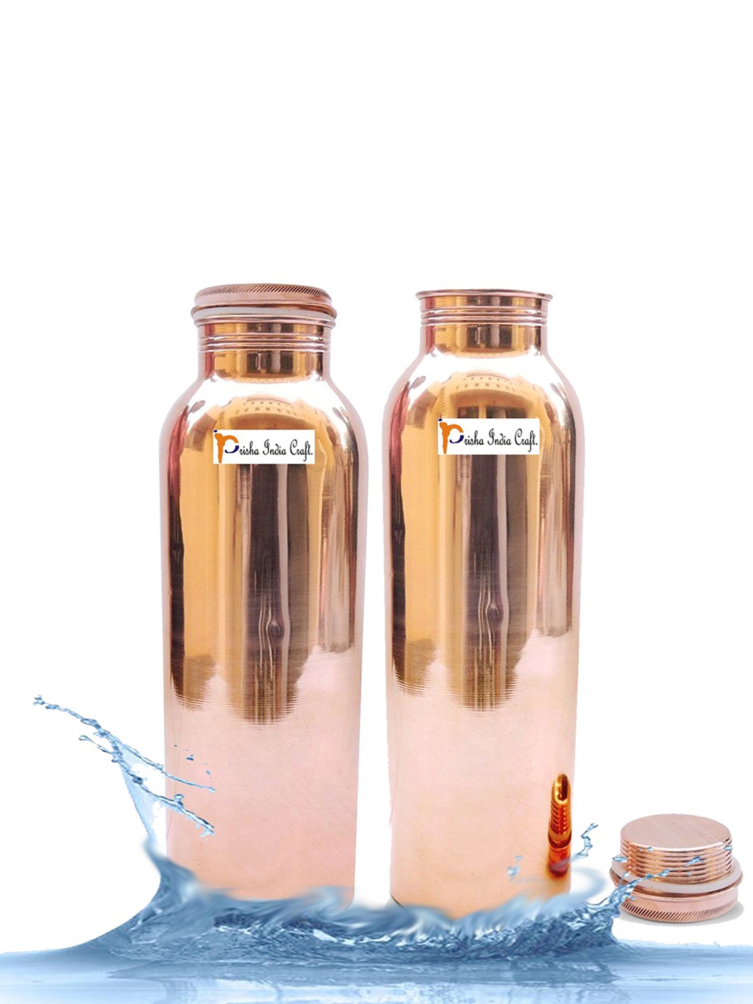 

PRISHA INDIA CRAFT 2 Pcs Golden Copper Water Bottles 900 ML Each, Gold