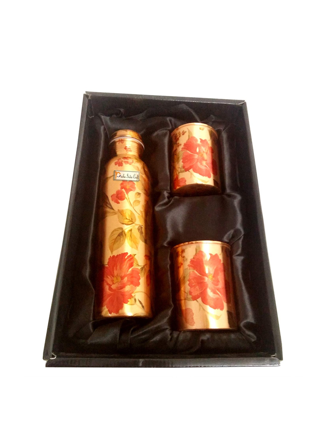 

PRISHA INDIA CRAFT 3 Pcs Gold-Toned & Red Printed Copper Water Bottle with Tumblers