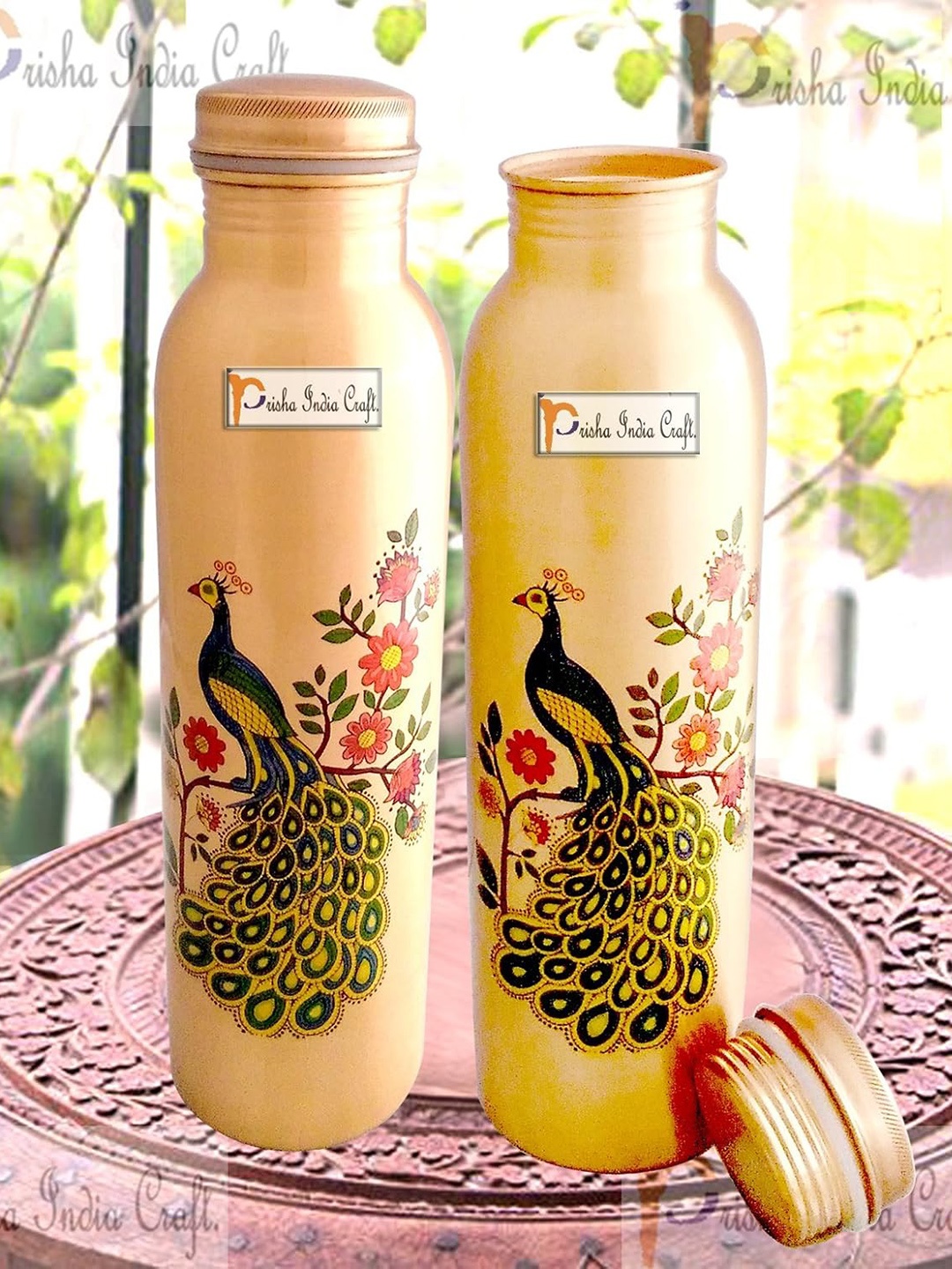 

PRISHA INDIA CRAFT Metallic-Toned & Green 2 Pcs Printed Copper Water Bottles 900 ml Each, Gold