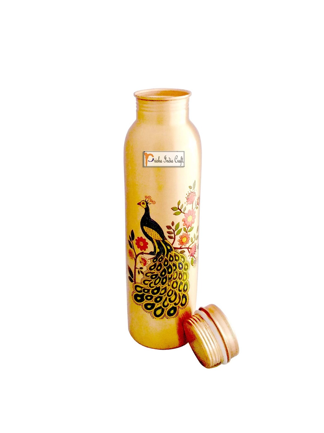 

PRISHA INDIA CRAFT Gold Toned Printed Copper Water Bottle 900 ml